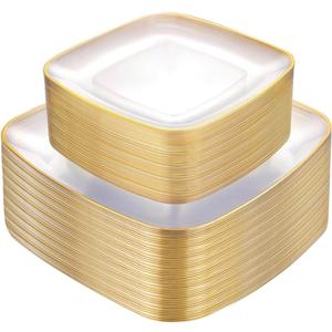 bUCLA 100PCS Clear and Gold Plastic Plates Disposable - Square Gold Heavy Duty - Include 50 Each (Dinner & Dessert) Plates for Party & Thanksgiving