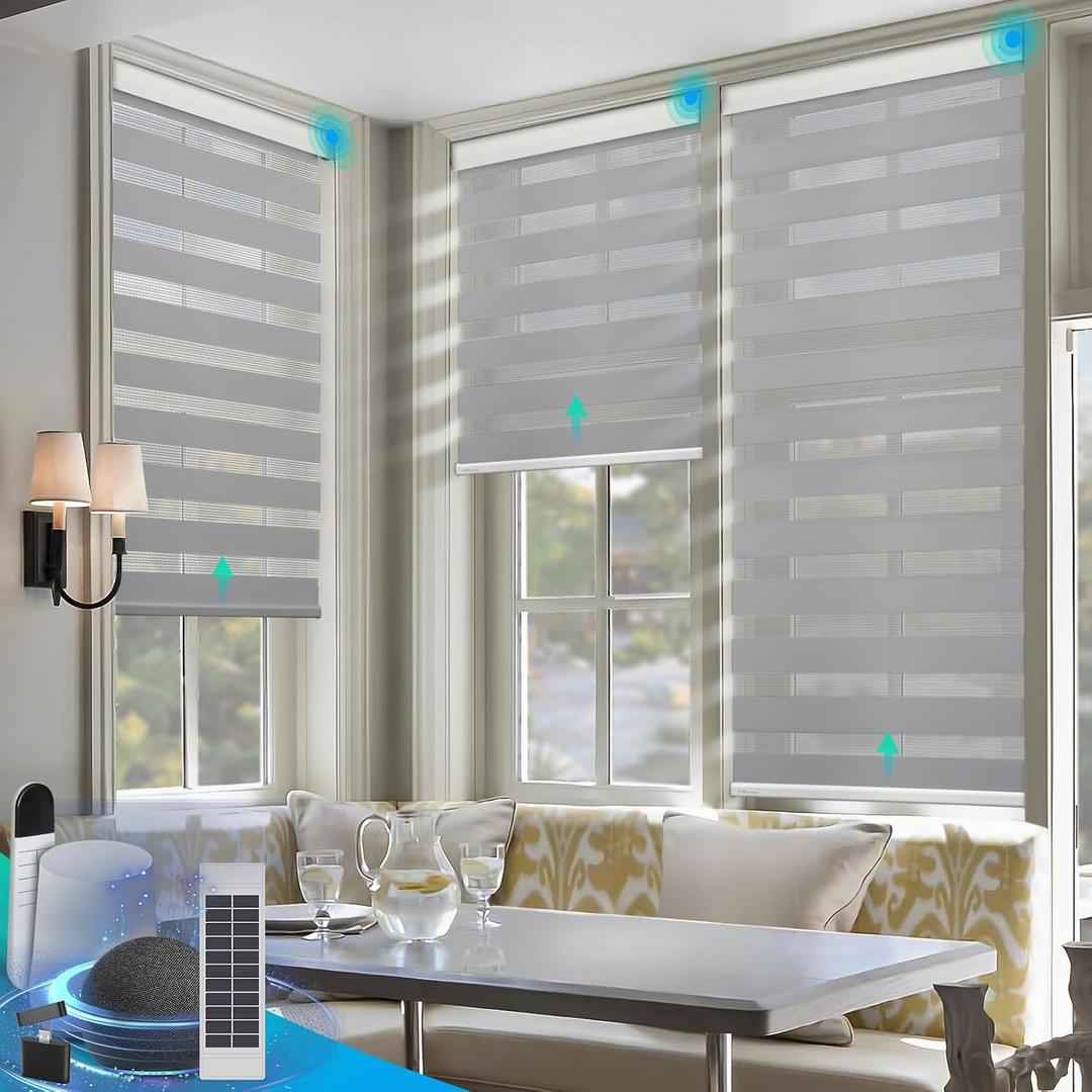 DENFOON Motorized Zebra Blinds with Solar Powered ，Gray, 35" W x 72" H