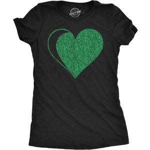 Womens St Patricks Day Shirt Green Glitter Heart Tee, Festive Irish Outfit, Soft Cotton Black Shamrock T Shirt for Women (Gray, M)