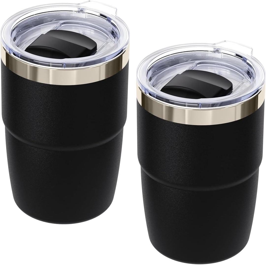 8 oz Espresso/Coffee Cup with Magnetic Lid, Ceramic-Lined 18/8 Stainless Steel, Double-Wall Vacuum Insulated, Stackable, Dishwasher Safe, Mini Tumbler for On-the-Go (Black, 2 Pack)