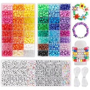Quefe 3960pcs Pony Beads for Friendship Bracelet Making Kit 48 Colors Kandi Beads Set, 2400pcs Plastic Rainbow Bulk and 1560pcs Letter Beads with 20 Meter Elastic Threads for Craft Jewelry Necklace