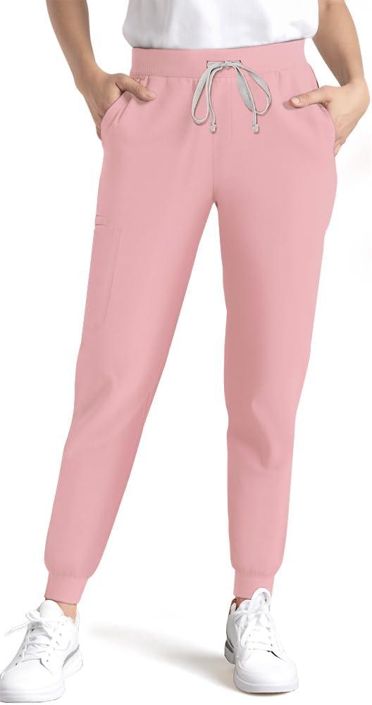 Medical Scrub Pants for Women, Jogger Pants with 6 Pockets, Soft Womens Scrubs Pant Drawstring Mid-Rise Cargo Pants (Pink, L)