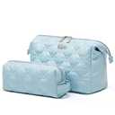 BOYATU Travel Makeup Bag Cosmetic Pouch: 2 Pcs Set Waterproof Vegan Leather Cosmetic Bags for Women - Cute Quilted Skincare Make up Toiletry Bag for Girl (04-Blue)