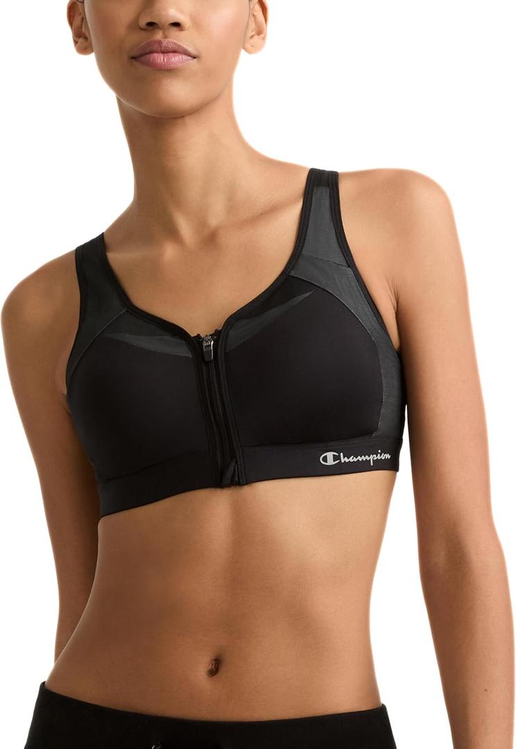 Champion Women's Sports Bra, Motion Control Front-Zip, High-Impact Maximum Support, Breathable, Moisture-Wicking, 38D, Black