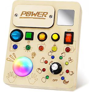 Busy Board Montessori Toy for Toddler, Wooden Sensory Activity Board with LED Light UP Switch, Baby Fidget Board Travel Toys for 18+ Months, 1 2 3 Year Old Boys Girls Toddler Toys Gifts