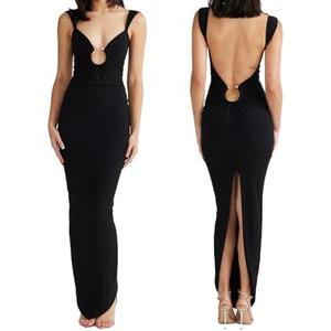 ABYOVRT Women Sexy Backless Dress V Neck Sleeveless Open Back Split Maxi Dress Party Cocktail Bodycon Long Dress (Black, M)