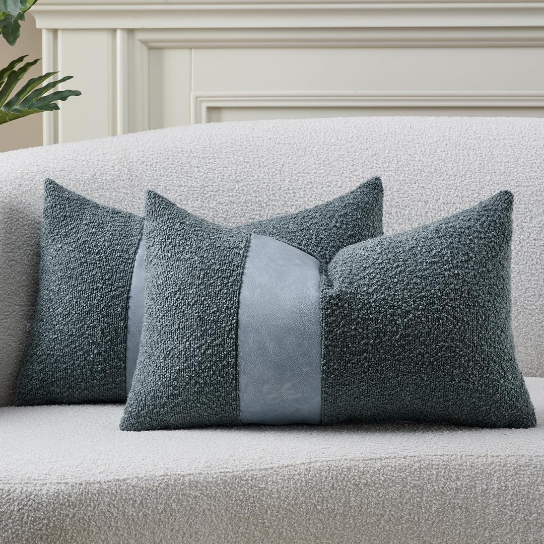 Pack of 2 Faux Leather Boucle Throw Pillow Covers 20"x12" Blue Chic Accents Textured Rectangular Lumbar Decorative Pillow Cases for Living Room Couch Bed Farmhouse Boho Home Decor