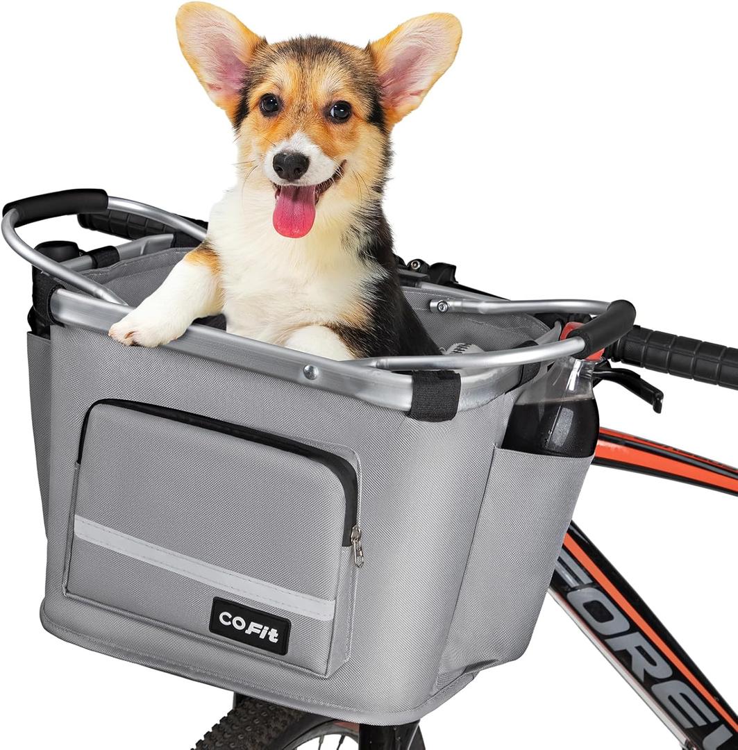 COFIT Detachable Bike Basket, Multi-Purpose Bicycle Handlebar Basket for Pet, Shopping, Commuter, Camping and Outdoor (2.Grey [with Pouches])