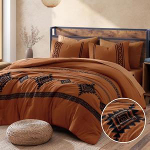 MaiRve Embroidery Comforter Set, Boho Farmhouse Western Bedding Set, All Season Bed in A Bag Comforter Set with Sheets, Pillowcases & Shams, Burnt Orange King 7 Pieces
