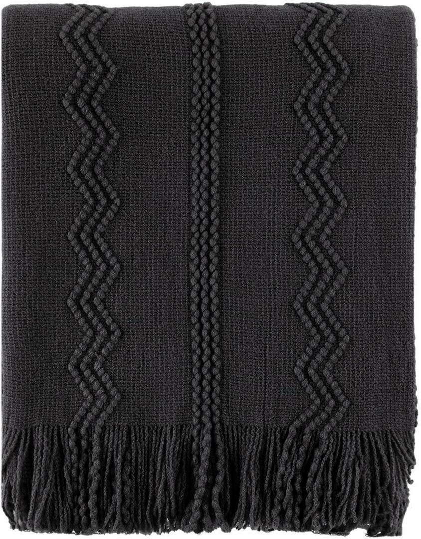 BATTILO HOME Black Throw Blanket with Fringe, Bed Throws for Home Decor, Decorative Black Knit Throw for Couch Sofa, 50"x60"