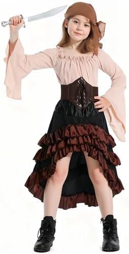 Verceco Pirate Medieval Renaissance Dress, Brown and Black Ruffled Skirt with Corset, Bell Sleeve Peasant Top, S