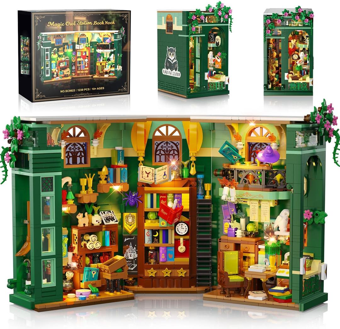 Magic Owl Station Book Nook Building Set with Lights, DIY Booknook Building Block Toy for Bookshelf Home Decor, 1239 PCS Bookend House Building Kit Gift for Adults Teens Boys Girls Ages 10+