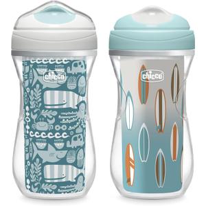 Chicco Insulated Sippy Cup 12+ Months, 9oz Toddler Training Cup with Bite-Resistant No-Spill Rim Spout, Double-Wall, BPA-Free, 2-Pack, Ocean Print/Surf