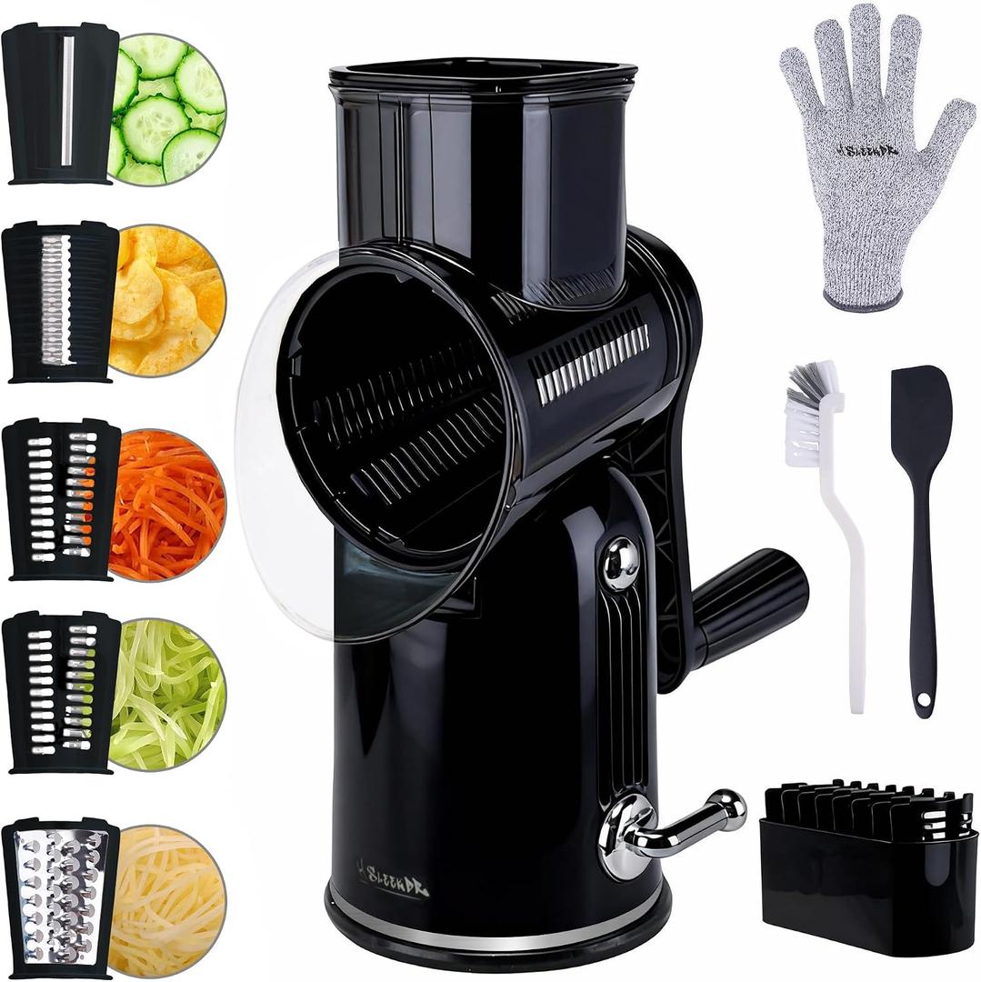 Rotary Cheese Grater with Handle, 5-Blade Cheese Shredder, BPA-Free (Black)