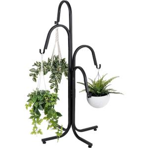 MyGift Floor Standing Planter Pot Stand, Industrial Matte Black Metal Heavy Duty Freestanding Plant Basket Hanger Rack with 4 Way Hanging Hooks