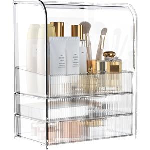 GearFusion 3 Tier Clear Cosmetic Organizer, Makeup Display Case with Lid & Drawers, Countertop Dresser Vanity Storage Box, Beauty Holder for Skincare Lipstick Brush