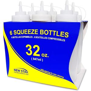 New Star Foodservice Squeeze Bottles, Plastic, Wide Mouth, 32 oz, Clear, Pack of 6