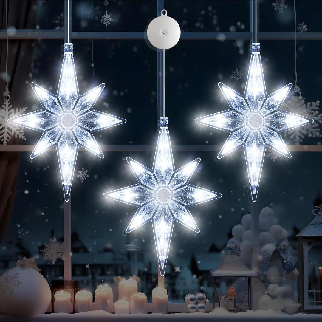 3Pcs Christmas Window Lights Decorations with Timer, Battery Powered Christmas Window Hanging White Lighted Lucky Star Shaped LED Sucker Lamp for Xmas Tree Fireplace Window Indoor Outdoor Decor