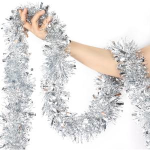 LEASEN 50 Feet Metallic Tinsel Garland for Christmas Tree Decoration, Silver