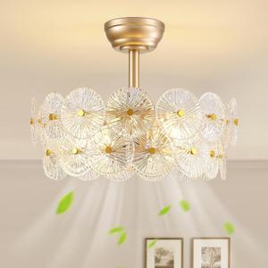 NOXARTE 20" Gold Crystal Fandelier Mid Century Gold Caged Ceiling Fan with Light and Remote Multi-Tier Flower Chandelier Fan with 6 Speeds for Living Room, Bedroom, Dining Room, 20 Inch Round
