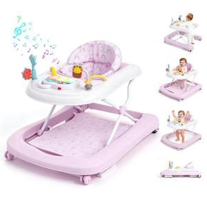 Baby Walker with Wheels, 5-in-1 Foldable Push Walker for Girls, Pink