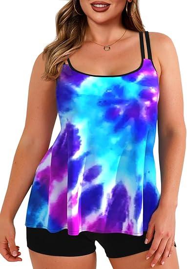 Haloumoning Plus Size Swimsuit for Women with Swim Shorts Two Piece Bathing Suits Tankini Tie Dye Print Tank Tops Swimwear  (3X-Large Plus, 04-multicolor)