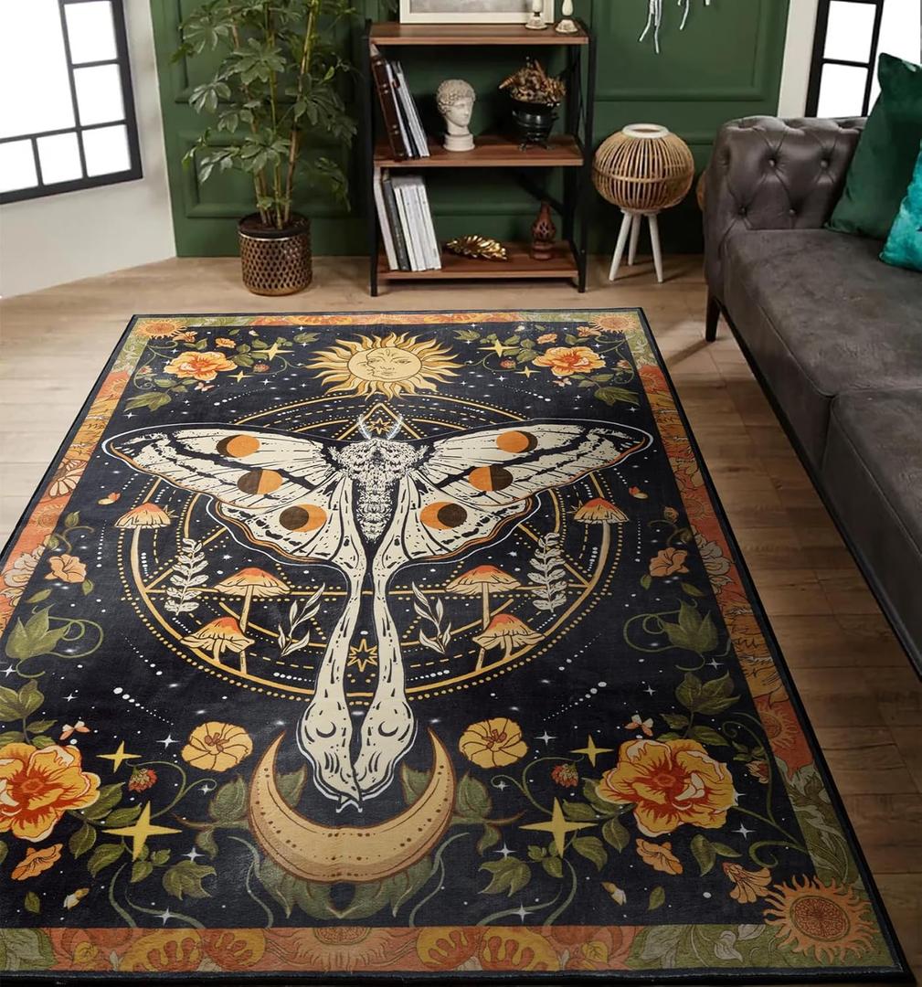 Washable Mystical Luna Moth Rugs Ultra Thin, Boho Moody Black Floral Aesthetic Living Room Rugs Vintage Hippie Celestial Aesthetic Bedroom Rug, Retro 6x9 Area Rug Carpet for Dining Room Dorm