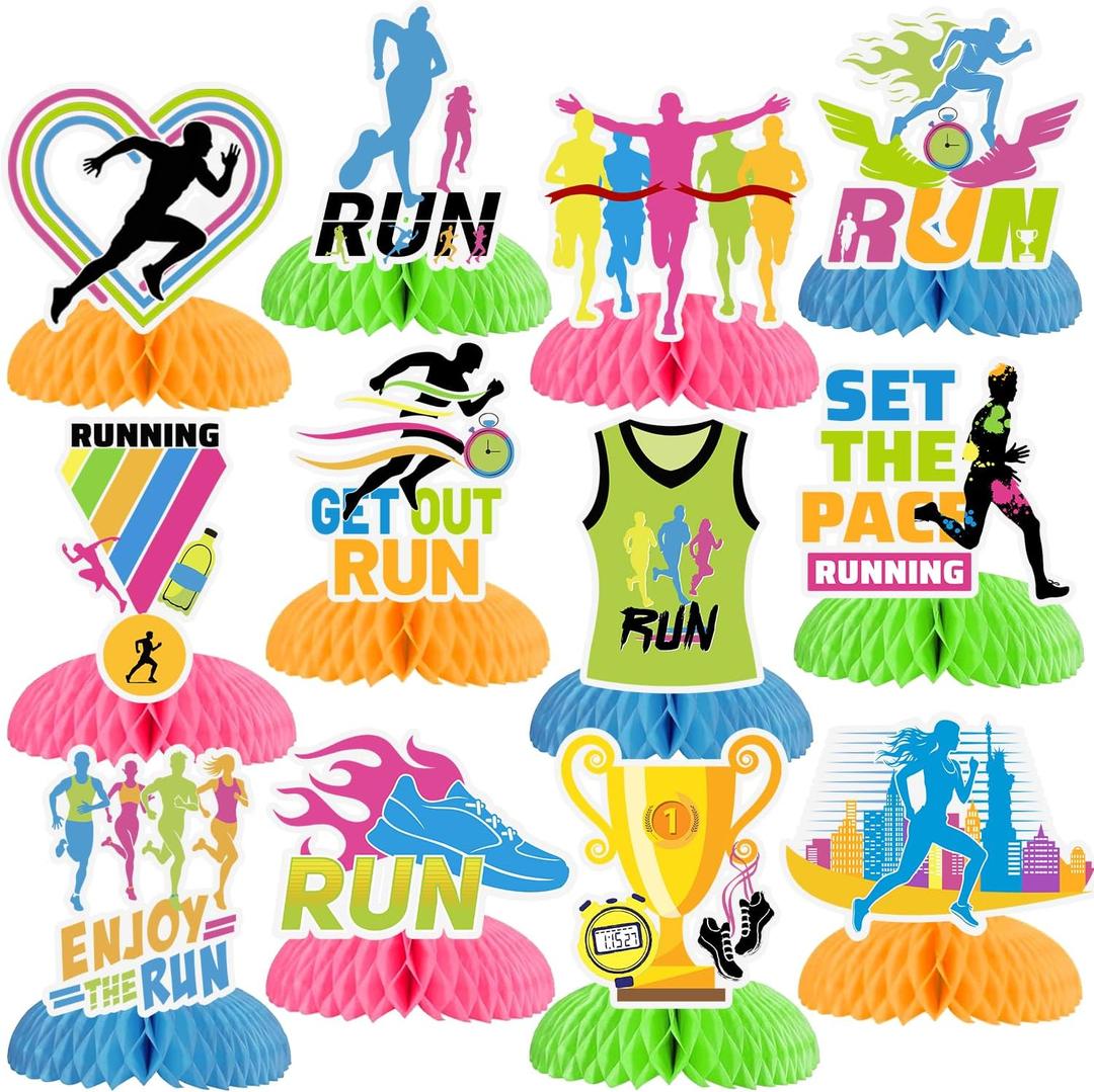 12 PCS Running Honeycomb Centerpieces, Running Run Marathon Sport Birthday Party Decorations Running Table Centerpieces Decorations Supplies