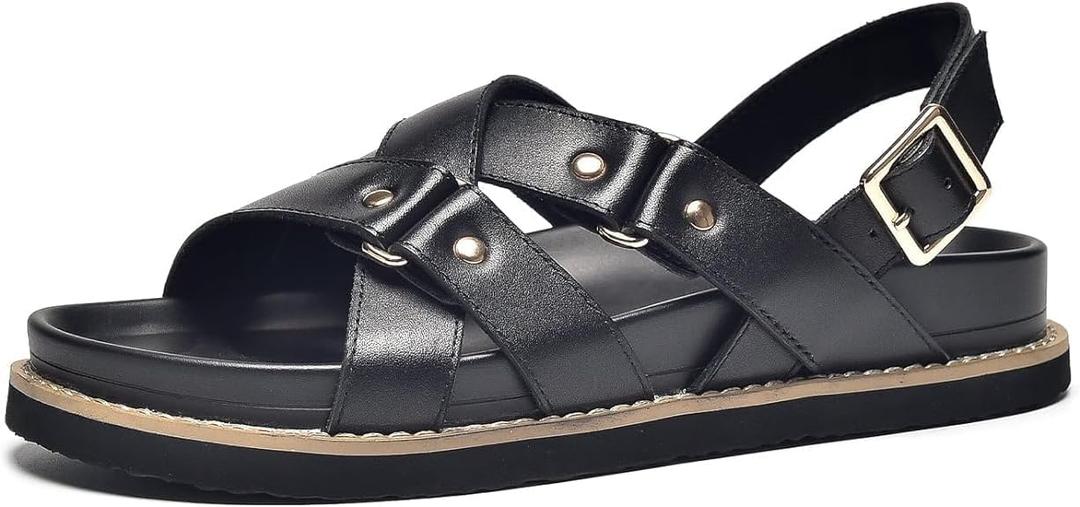 BEAU TODAY Flat Sandals for Women, Fashion Strappy Sandal Comfortable Arch Support, Open Toe Beach Dressy Leather Summer Platform Sandals (8.5, Black-1)