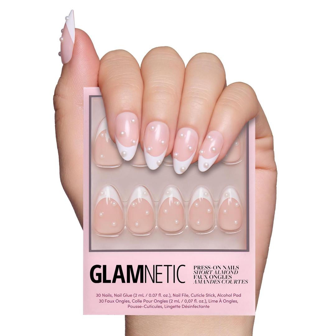 Glamnetic Press On Nails - French Pearl | Glossy, Short Almond French Tip Fake Nails with 3D Accents, Salon Quality | 15 Sizes - 30 Nail Kit with Glue