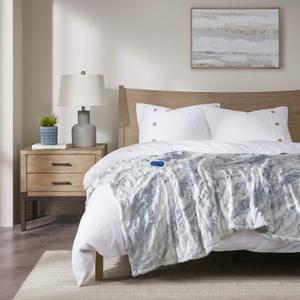 Beautyrest Zuri Reversible Faux Fur to Mink Electric Blanket, Auto Shut Off, Virtually Zero EMF, Multi Heat Setting, UL Certified, Machine Washable, Grey/Blue Throw 50x70