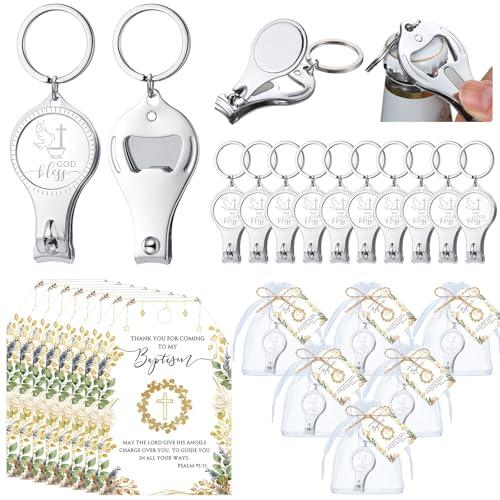 Vesici 25 Set Baptism Party Favors Bulk Includes 3 in 1 Nail Clippers Bottle Opener Keychain God Bless Nail Clippers Thank You Gift Cards Organza Bags for Baptism Party Supplies Souvenirs