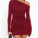Amkoyam Women's 2025 Sexy Off Shoulder Dress Long Sleeve Bodycon Ruched Formal Cocktail Party Mini Dresses (Red, XS)