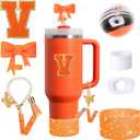 6PCS Orange Stanley Cup Accessories Set Fit for Stanley Cup 30oz 40oz,Including Spill Proof Stopper,Sparkly Silicone Boot,Bow Shape Straw Topper,Personalized Sticker,Handle Charm (Letter V)