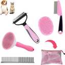 Dog Grooming Kit - Deshedding Brush for Short Hair, Slicker Brush, Flea Comb, Puppy Brush Set in Pink