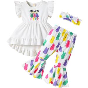 Noubeau Toddler Baby Girl Easter Outfits Ruffle Letter Rabbit Print Dress Shirt Top Leopard Bell-Bottom Flare Pant Headband
