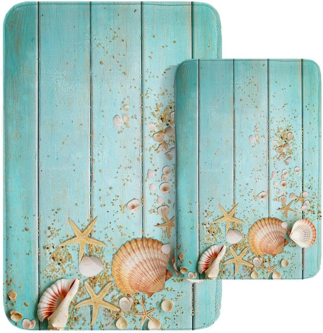 Britimes Beach Shell Sea Bathroom Rug Mat Set of 2, Boho Blue Wood Pattern Washable Cover Floor Rug Carpets Floor Bath Mat Bathroom Decorations 16x24 and 20x32 Inches