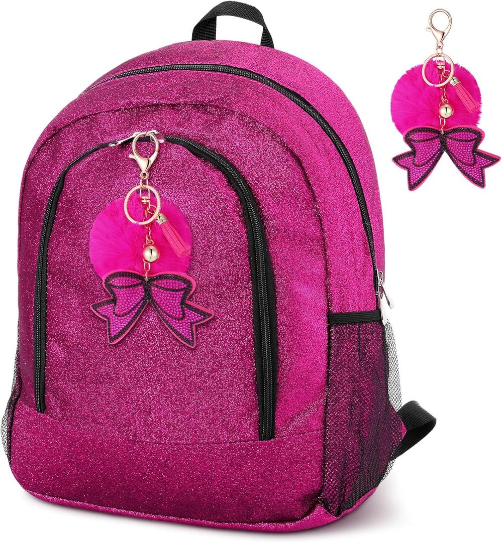 Cheer Backpack with Bow Keychain Cheerleading Glitter/Canvas Backpack Cheerleaders Gift Cheer Bags for Sport (Glitter,Hot Pink,Large)