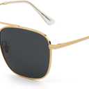 JIM HALO Retro Square Aviator Sunglasses Premium Glass Lens Flat Metal Eyewear Men Women (Gold Frame / Dark Grey Lens)