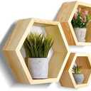 Set of 3 Natural Pine Wood Hexagon Shelves for Wall Decor - Farmhouse Honeycomb Shelves for Living Room Decor, Kitchen Storage, Mounted Storage for Living Room, Kitchen - Durable, Stylish & Versatile