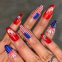 2 x 24Pcs World Cup Press on Nails Medium Almond Fake Nails with Soccer Design Glossy Cat Eye Glitter Nails Press on Red Blue White USA Flag Glue on Nails Reusable Summer Holiday Acrylic Nail for Women