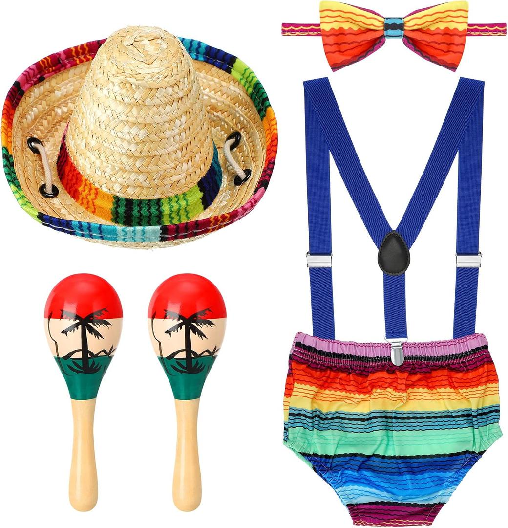 Geyoga Cinco De Mayo Baby Boy Outfit 1st Birthday Mexican Baby Sombrero Outfit Cake Smash Suspender Bloomers Tie Hat with Wood Rumba Shakers Rattle(Blue)