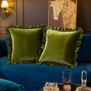 Velvet Throw Pillow Covers Set of 2, Soft Decorative Ruffle Cushion Cases for Couch Sofa Bedroom, 18 x 18 Inches, Olive Green