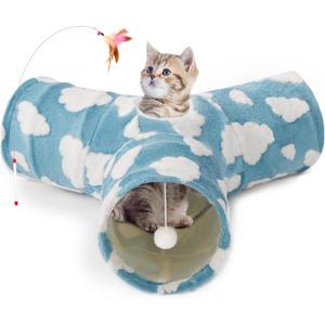 Tempcore Cat Tunnels for Indoor Cats, Cat Tube Toys 3 Way Collapsible, Pet Play Tunnel with Peek Hole Toy Ball for Kitty, Kitten, Rabbit, Blue Cloud