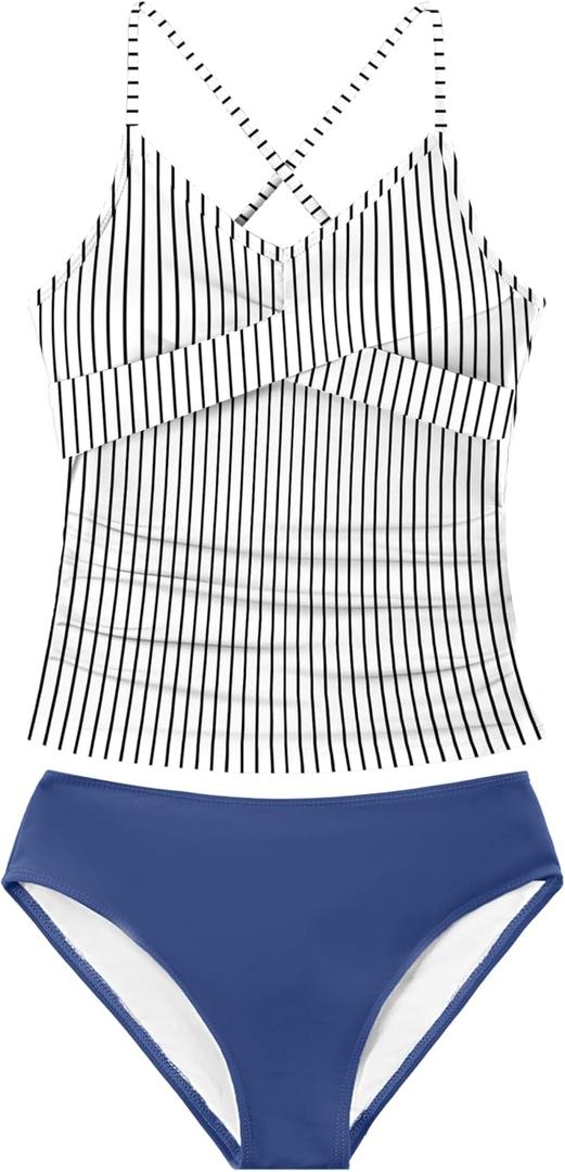 Girls Swimsuit Tankini Criss Cross Ruched 2 Piece Bathing Suit Printed Girl Swimwear for Teens 9-16Y (11-12 Years, White Stripes)