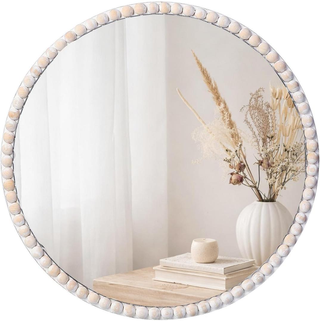 SWTHONY 15inch Small Round Boho Beaded Mirrors for Wall Decor, Cute Decorative Hanging Wooden Circle Nursery Mirror for Girl Room, Bedroom, Livingroom
