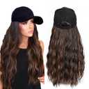 Synthetic Wig Hat with Natural Wave hair Extensions attached for woman Baseball cap wig mix brown curly wavy Hairstyle Adjustable Hat Wig (Mbrown, 22inch)