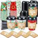 Lallisa 100 Sets Christmas Disposable Coffee Paper Cups Bulk with Lids Sleeves & Straws, 12 oz Red and Greenxmas Snowman Coffee Cups for Hot Cocoa Cold Tea Holiday Party Supplies