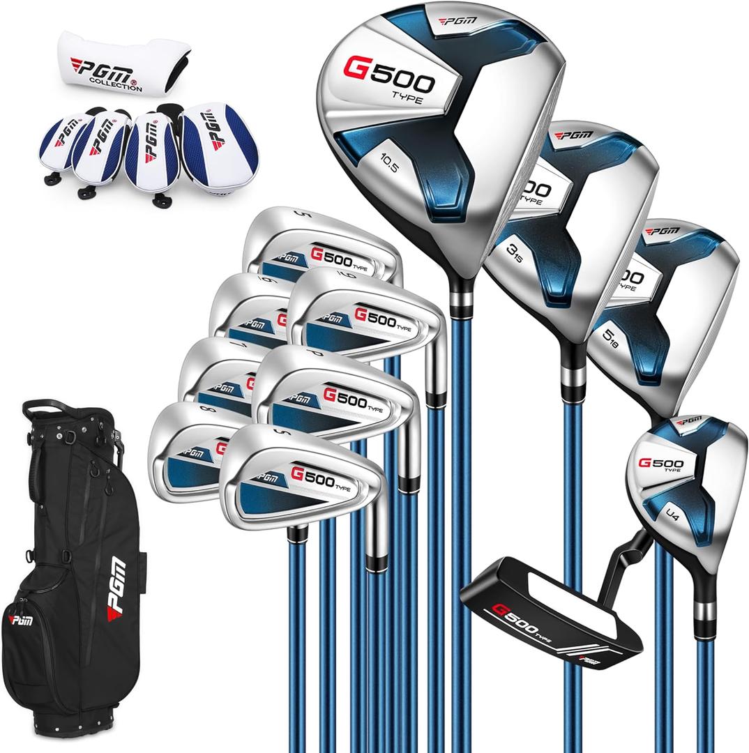 PGM G500 Mens Complete Golf Club Set Titanium Driver, Draw-Biased Hybrid, High-Strength Irons, Forgiving Putter, Stand Bag with 5 Headcovers, [Right Hand][Length: Standard]