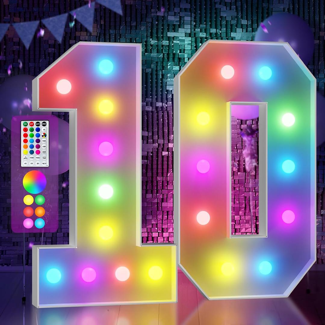Marquee Numbers Colorful 10th Birthday Decoration: 4FT Large Light Up 10 Year Old Birthday Decorations Anniversary Backdrop Cardboard Sign 18 Colors Number 10 Mosaic Balloon Frame